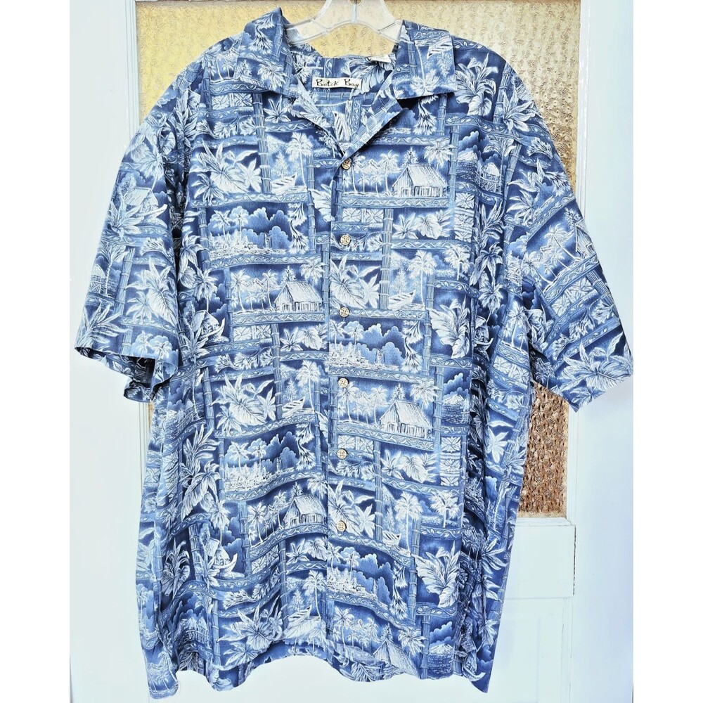 Batik Bay Blue Hawaiian Shirt XXL Tropical Luau 100% Cotton Button-Down Retro